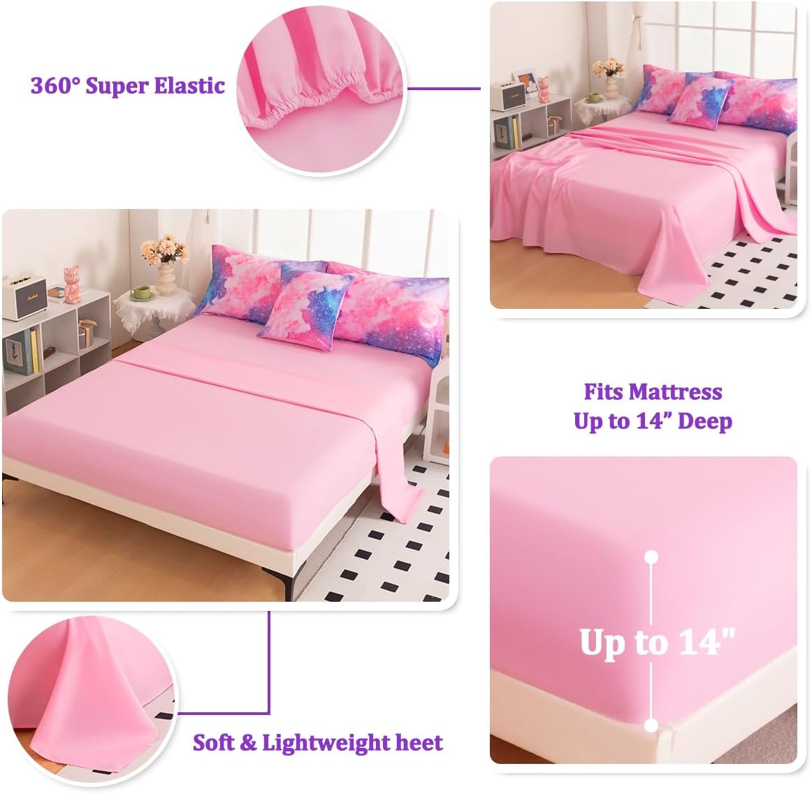 Galaxy – Juego de ropa de cama individual para niñas, juego de edredón de 6 piezas con sábanas, juego de ropa de cama con purpurina rosa y morado