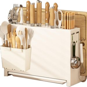 Agujero de secado de cuchillos para encimera de cocina, estante de almacenamiento de cuchillos de metal, almacenamiento integrado de tabla de Agujero de secado de cuchillos para encimera de cocina, estante de almacenamiento de cuchillos de metal, almacenamiento integrado de tabla de