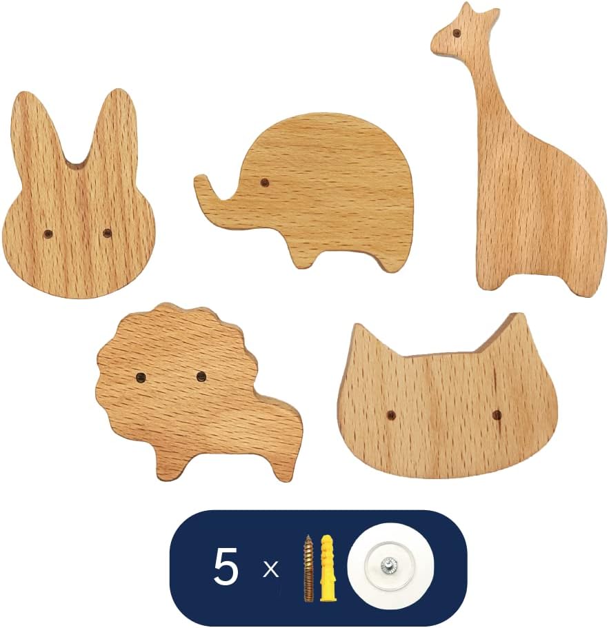 Bonitos ganchos de pared de madera de animales  5 x animales terrestres  Ganchos decorativos para colgar abrigos, sombreros, bolsos, mochilas,