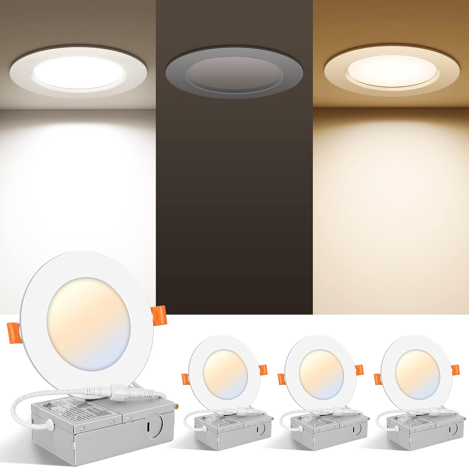 FORT Lámpara de techo empotrable LED de 4 pulgadas y 5 CCT con caja de conexiones, paquete de 4, 2700 K3000 K4000 K5000 K6000 K seleccionable, 10 W