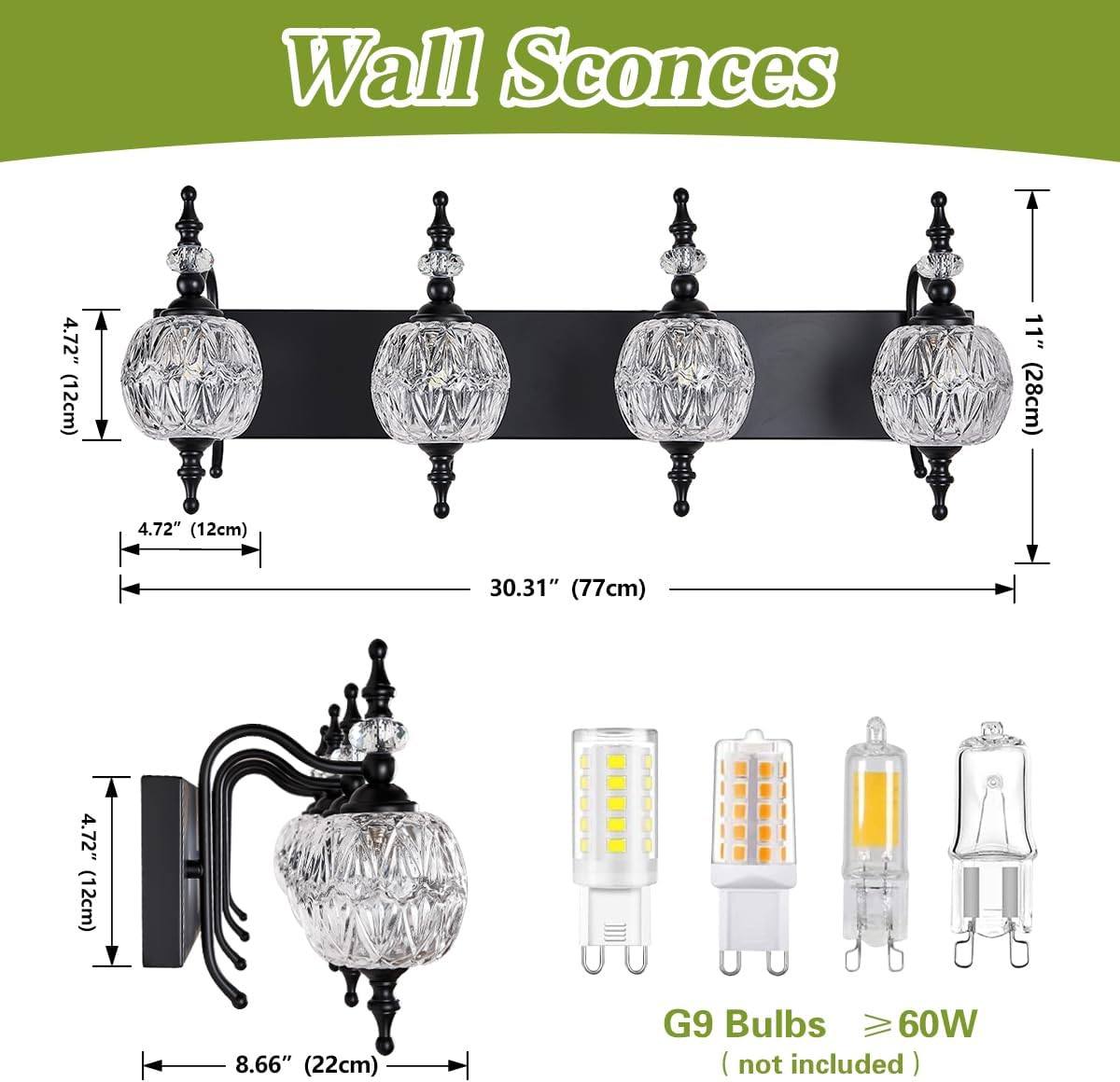 TLOLGT 4 luces negras para tocador de baño, modernas luces pintadas de superficie negra con pantalla de cristal grueso, apliques de pared para baño
