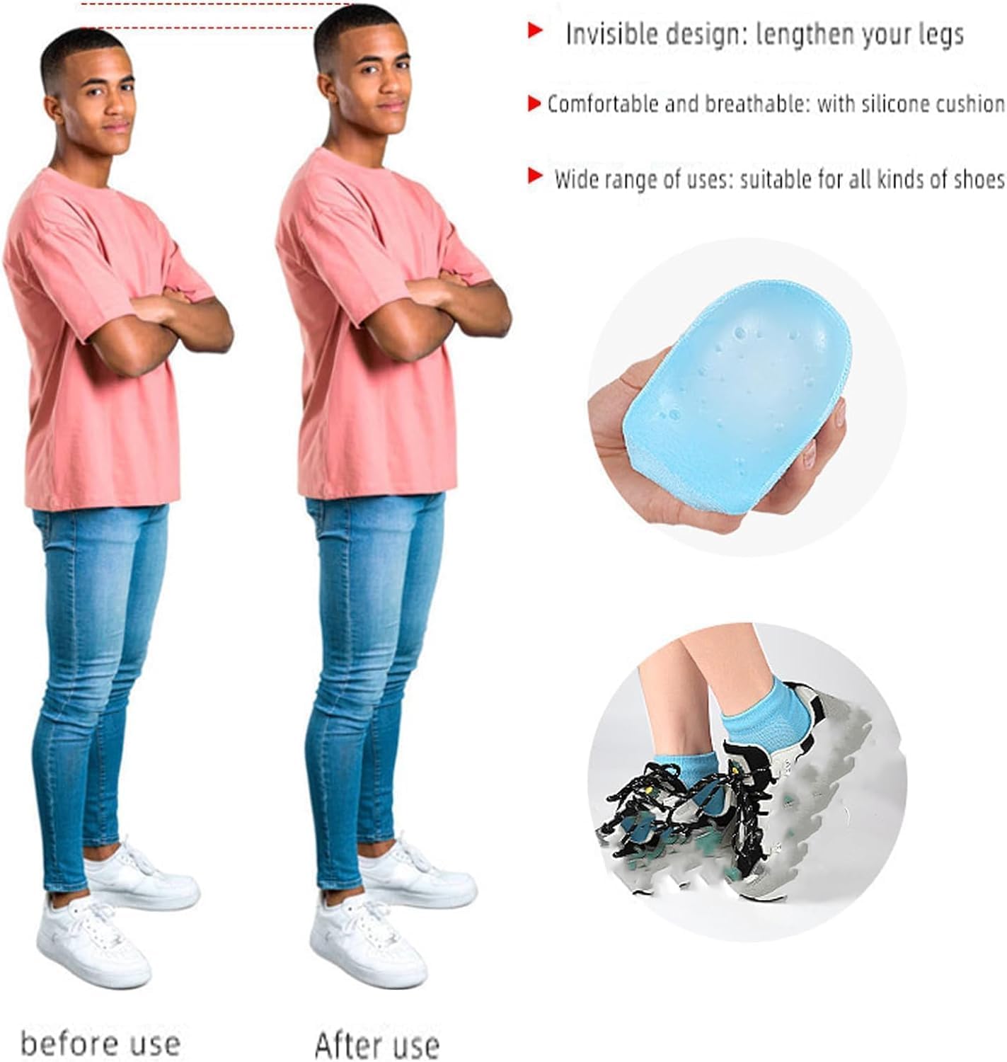 Calcetines de altura máxima, plantillas de altura máxima de 3 pulgadas, inserto de zapato de 3 pulgadas, plantillas de aumento de media altura,
