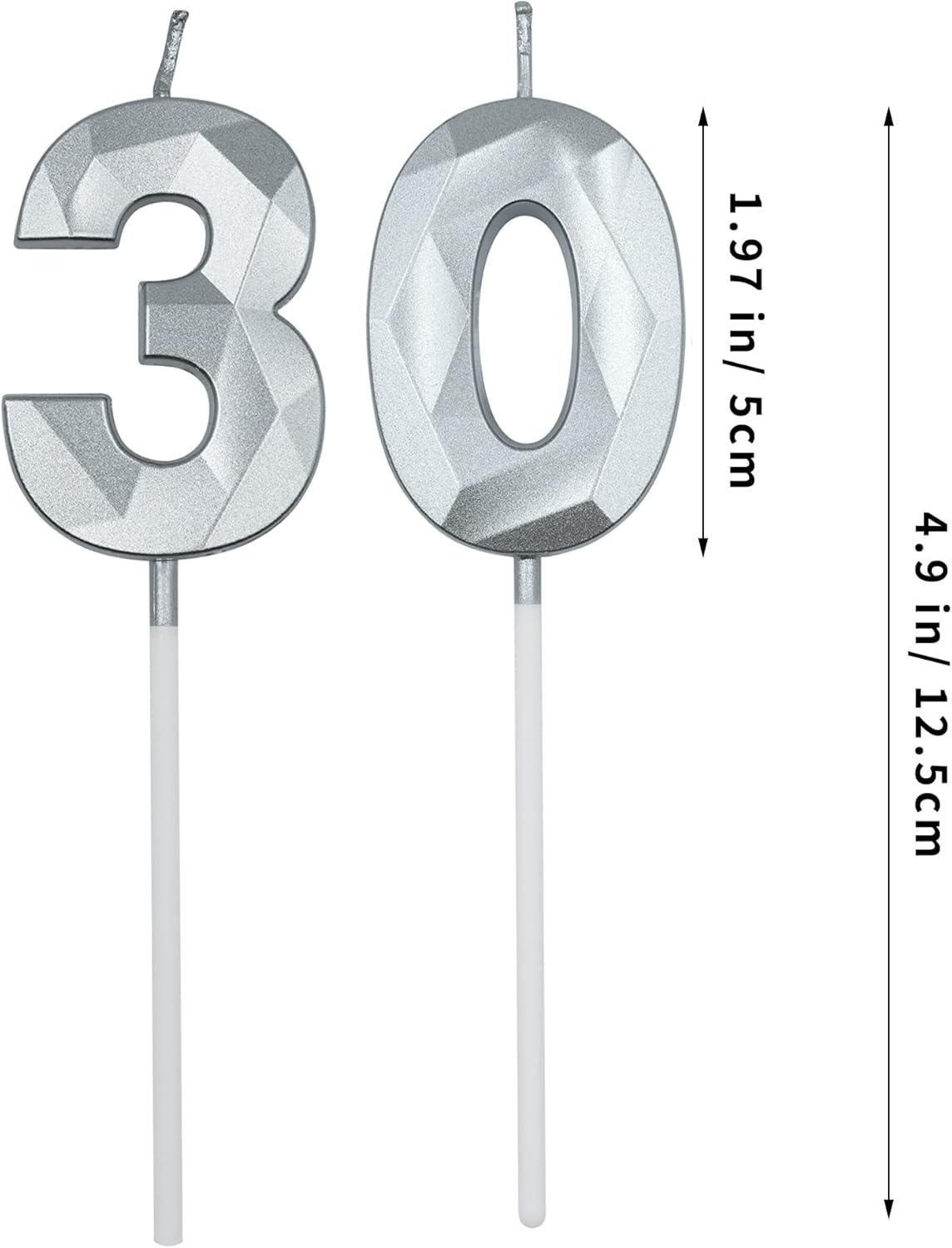 Velas de 30 cumpleaños para tartas, velas plateadas con forma de diamante 30 con forma de diamante, decoraciones de cumpleaños, suministros de