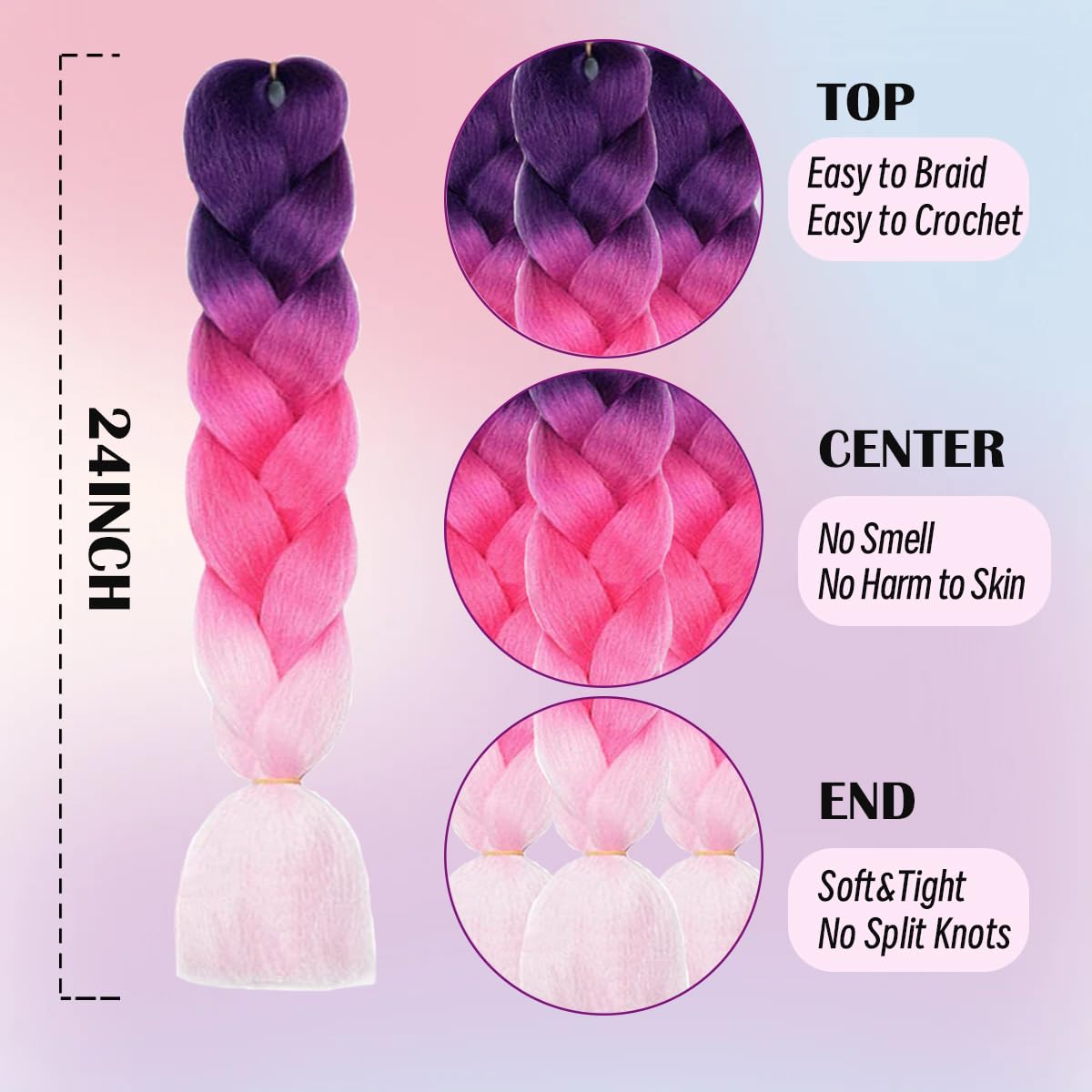 Cabello trenzado de mezcla de fibras sintéticas sedosas, tamaño jumbo, colores de arcoíris morado, rojo y rosa, extensiones de cabello Kanekalon