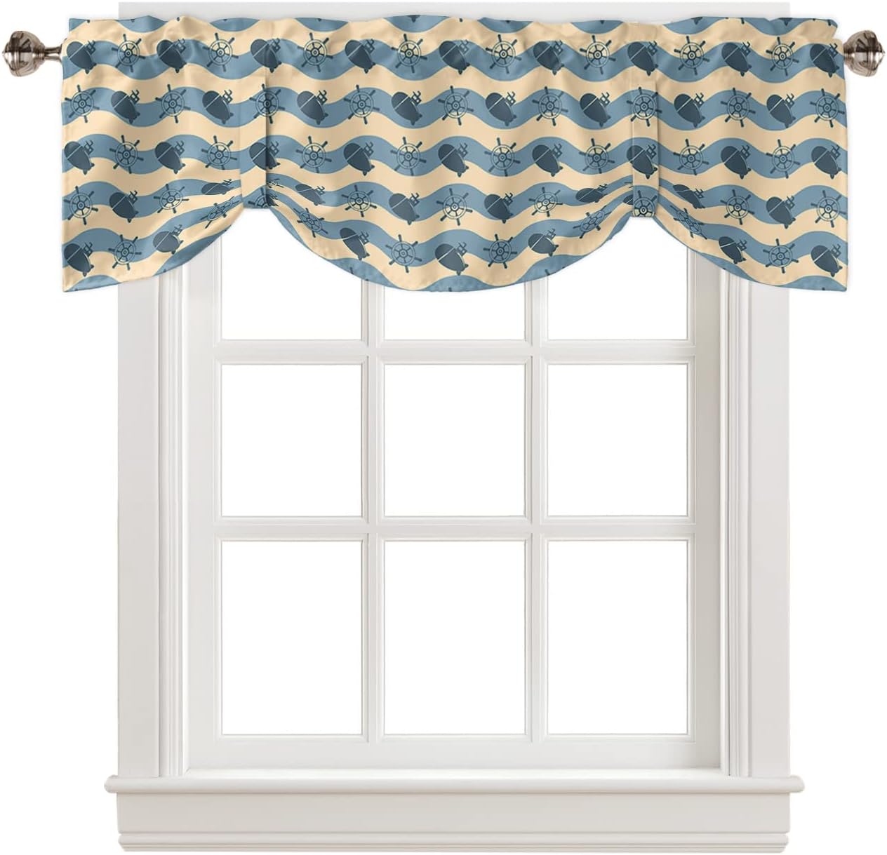 Cenefa de amarre para ventanas, diseño náutico océano profundo con dibujos animados abstractos submarinos, cenefas con bolsillo para barra, cortinas