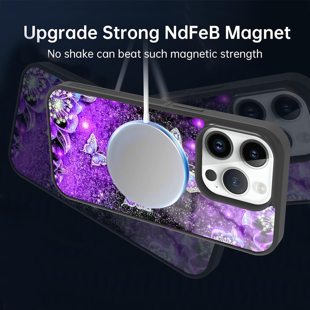 OOK Funda magnética para iPhone 15 Pro Max con purpurina morada, diseño espacial de nebulosa de mariposa compatible con MagSafe PC duro + TPU suave