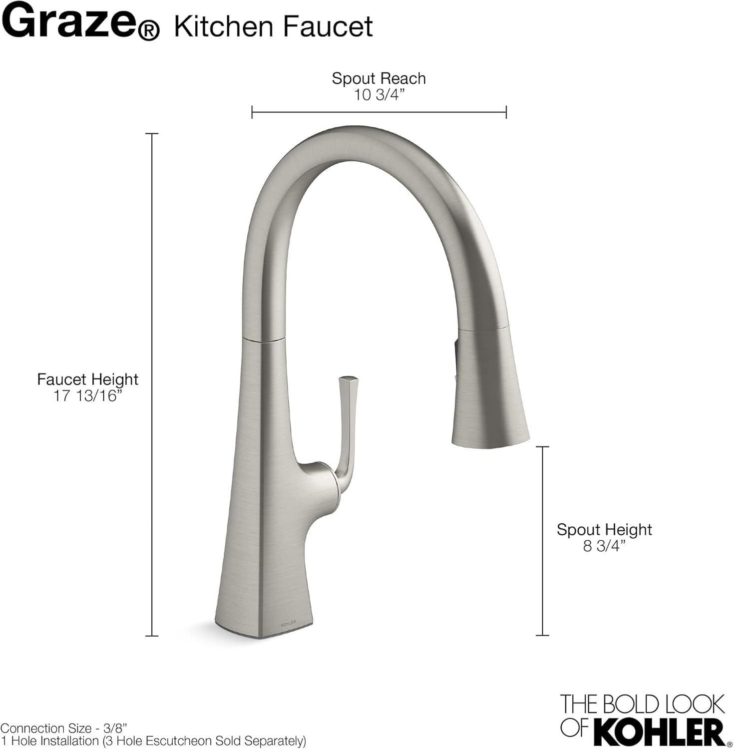 Kohler Graze – Grifo de cocina extraíble, grifo de fregadero de cocina con rociador extraíble, cromo pulido, K-22062-CP