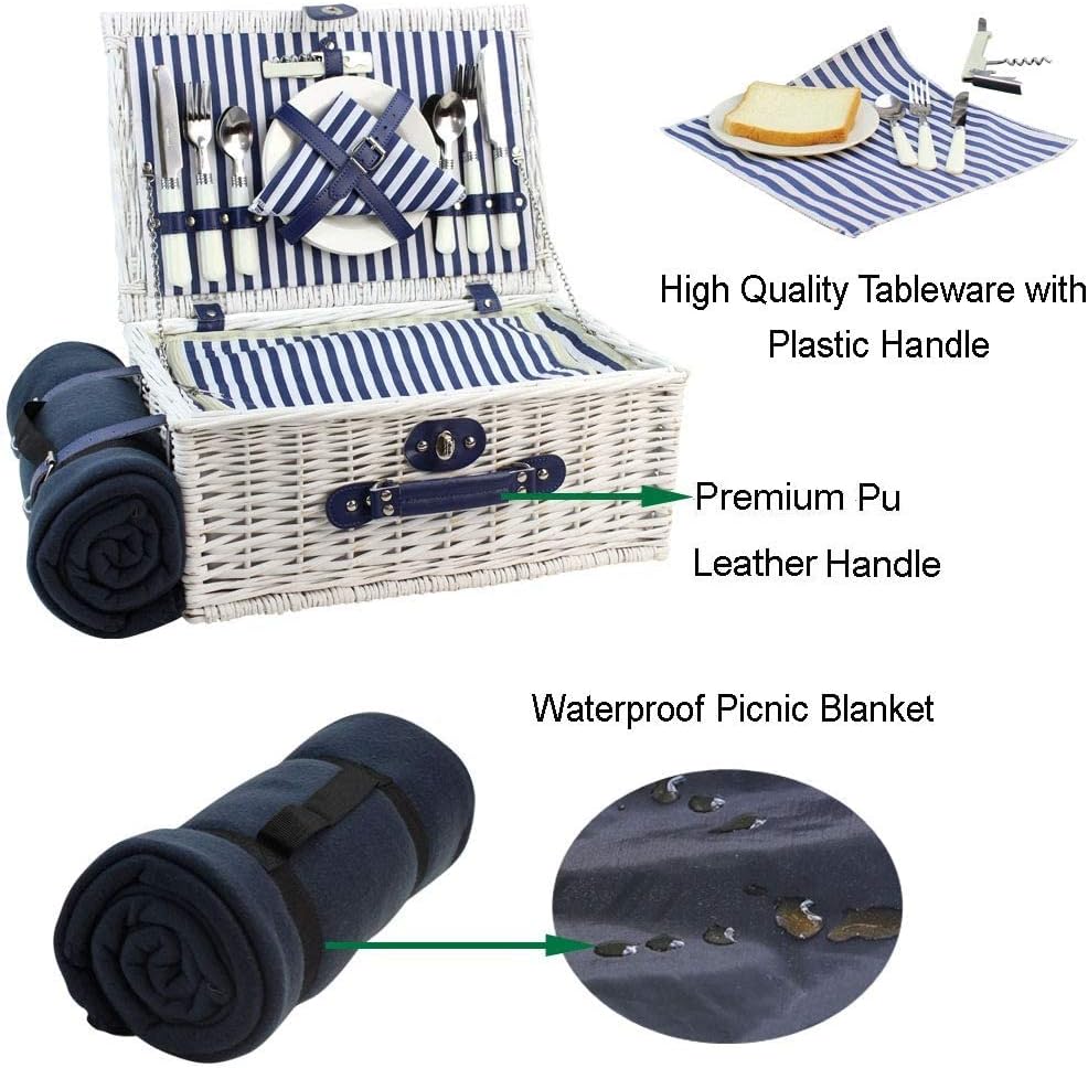 Cesta de picnic de sauce para 4 personas, juego de cestas de mimbre grandes con compartimento térmico grande, manta de forro polar con respaldo