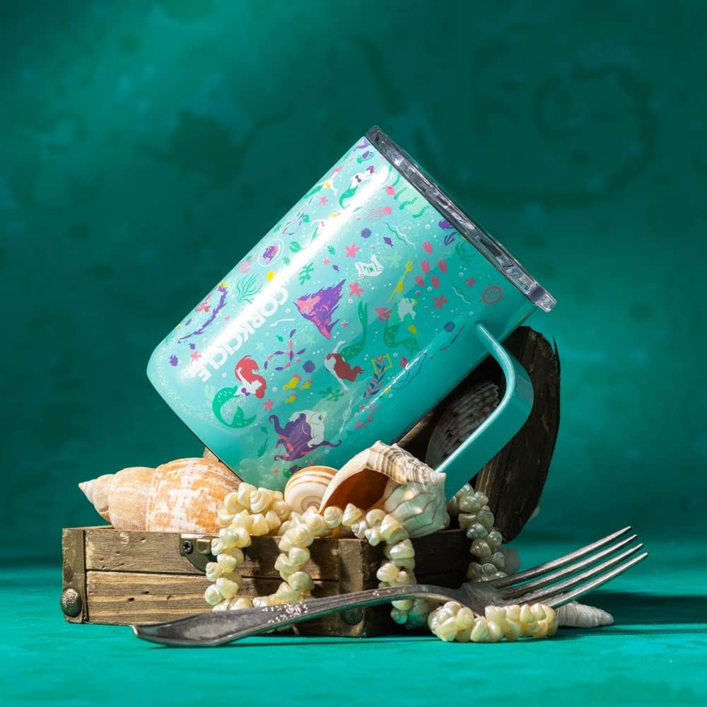 Corkcicle Disney Princess Ariel – Taza de café con triple aislamiento con tapa, vaso de campamento de acero inoxidable con asa, caliente durante más