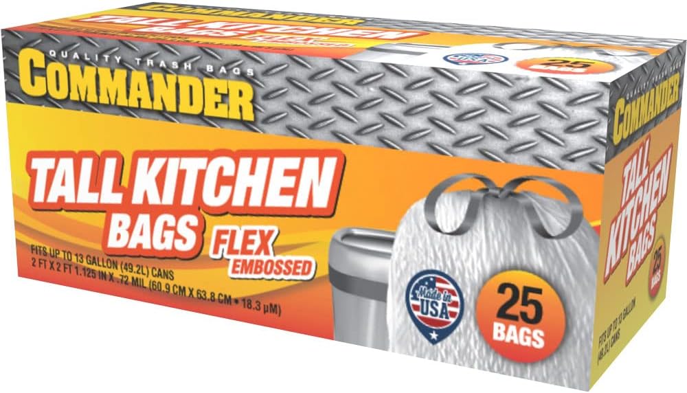 Commander – Bolsas de basura blancas con cordón para cocina, de 13 galones, 0.7 milésimas de pulgada de alto, 24 x 25 pulgadas, paquete de 25