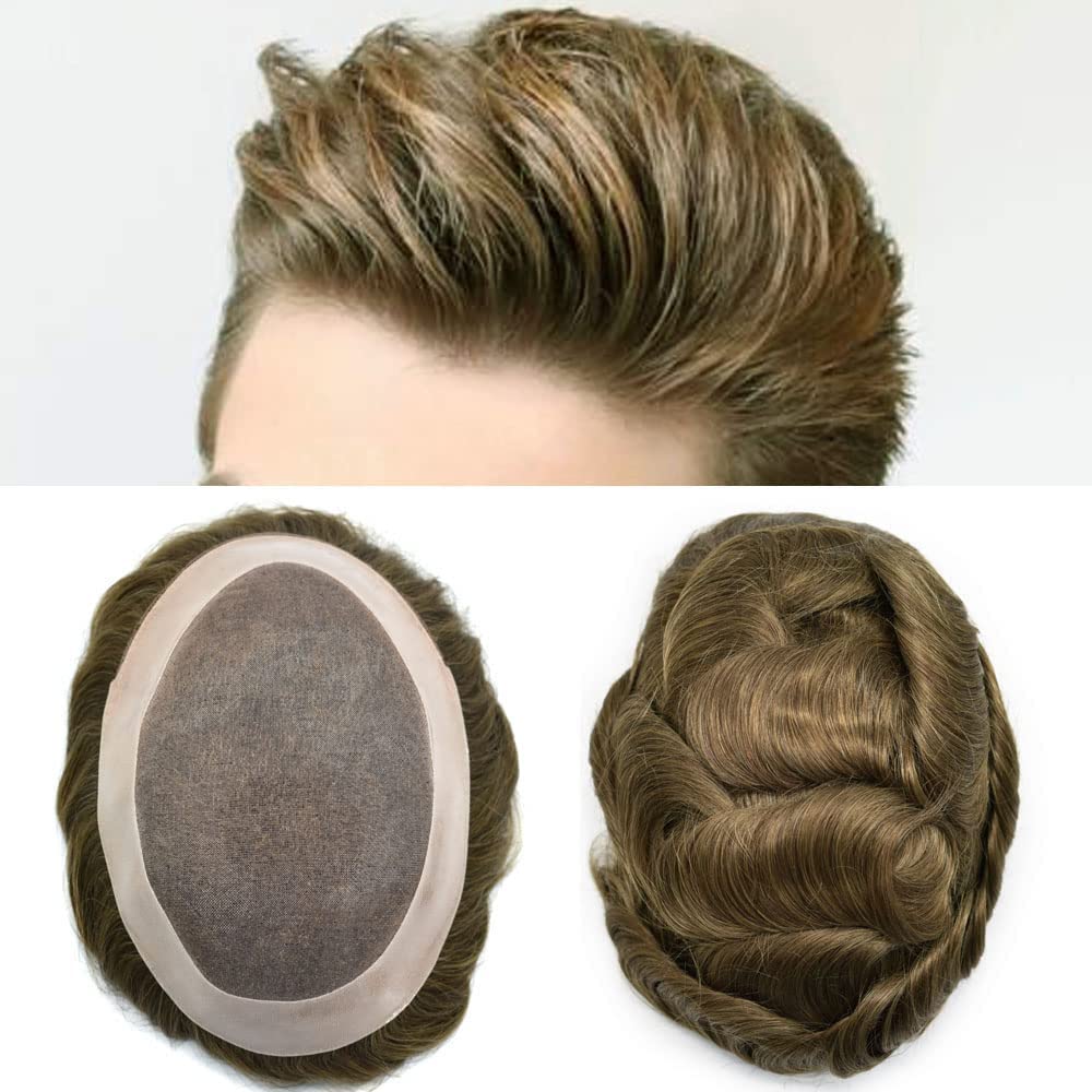 Toupee para hombres Cabello humano real para hombre Toupee Hair Piece para hombres Fine Mono Men Sistema de cabello Poly Skin para hombres, postizos