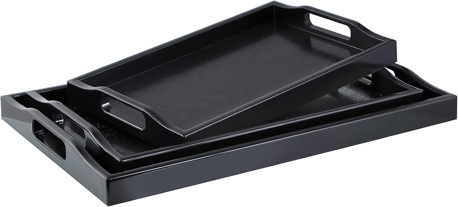 Juego de 3 bandejas de plástico para servir, bandeja otomana con asas recortadas, bandeja rectangular para mayordomo para desayuno en la cama, mesa
