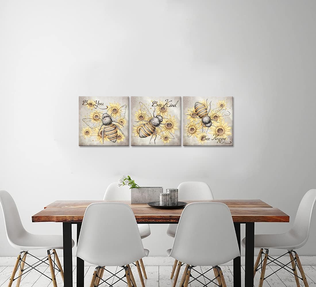 iHAPPYWALL 3 piezas de lienzo de abeja de miel, arte para pared, diseño de girasol, abeja, feliz, con citas motivacionales, arte para cocina,