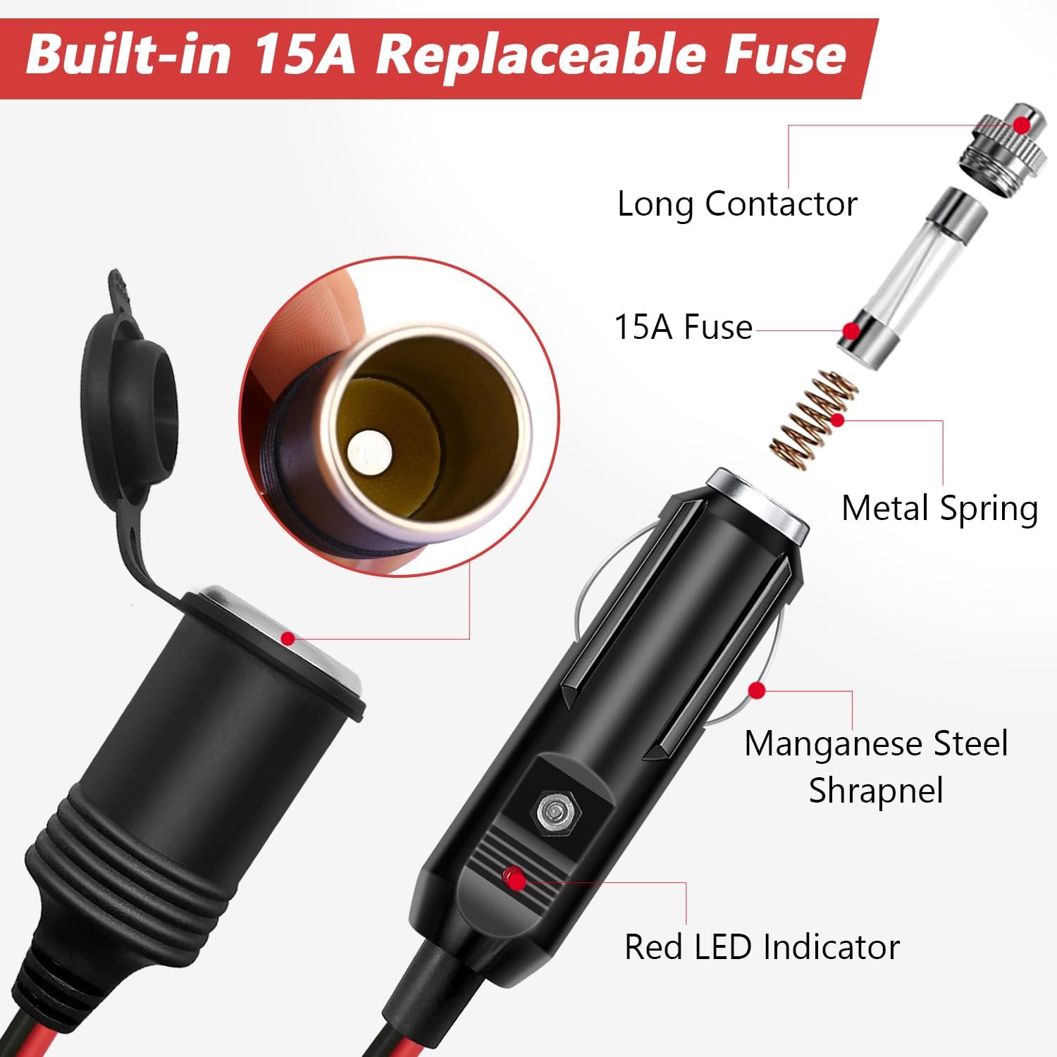Interruptor de encendidoapagado, cable de extensión de encendedor de cigarrillos de 13 pies, resistente de 12 V, enchufe a enchufe, fusible de 15 A