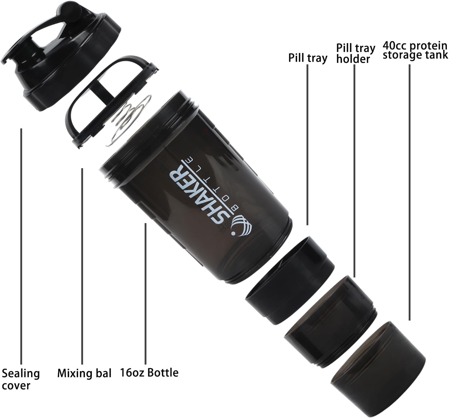 Shaker Bottle – Vaso agitador de proteínas con compartimentos de almacenamiento – Botellas de entrenamiento a prueba de fugas con mezclador para una