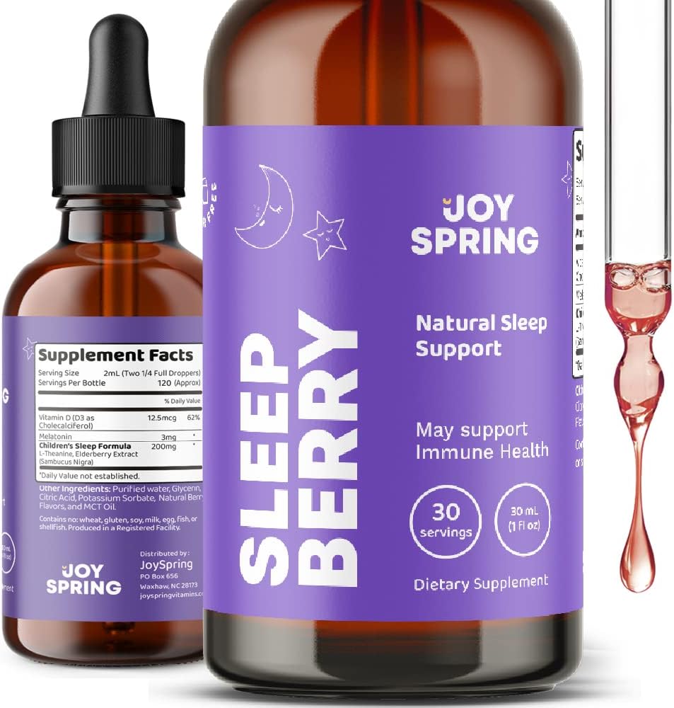 JoySpring Jarabe de saúco para refuerzo inmunológico, gotas orgánicas de enfoque y atención para niños y melatonina líquida para apoyar el sueño de