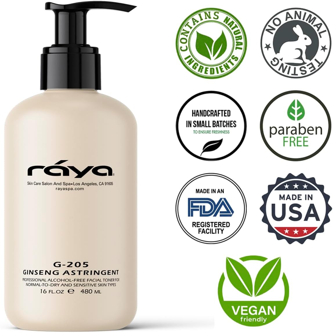 RAYA Ginseng Astringent con AHA 16 oz (G-205)  Tónico facial glicólico suave para piel seca y sensible  Ayuda a apretar los poros, suavizar la tez y