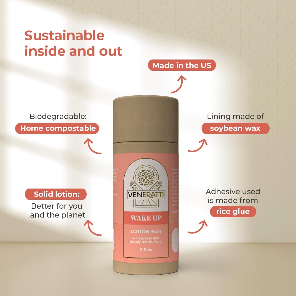 VENERATTI Lotion Bar Wake Up Scent – Vegana, fabricada en los Estados Unidos, productos ecológicos – Absorción rápida, no pegajosa – Ingredientes