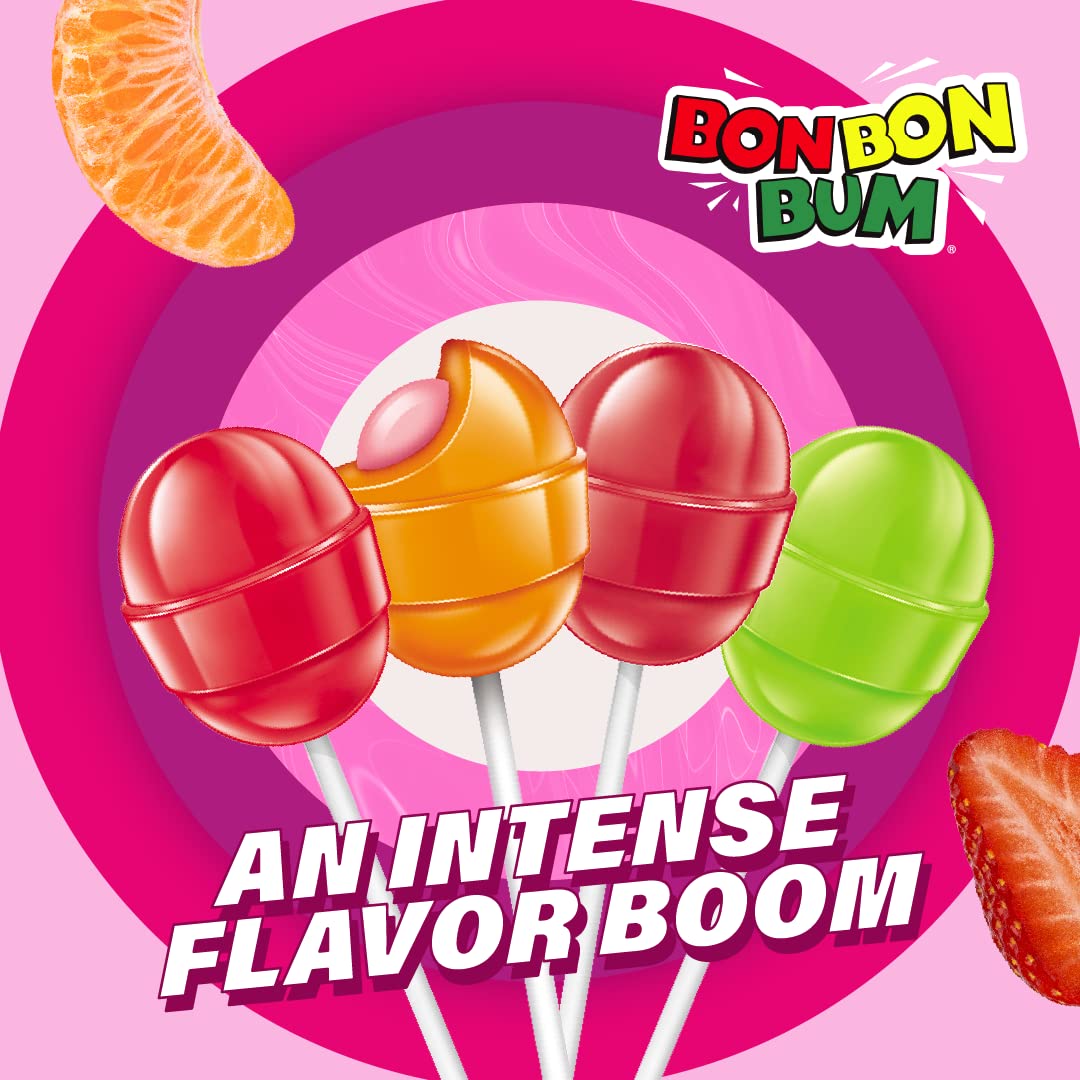 Colombina Bon Bon Bum – Paletas con centro de goma de mascar, sabores surtidos, envueltas individualmente, ideales para recuerdos de fiesta y