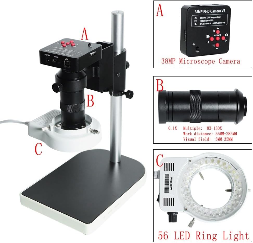 Microscope Accessories Kit for Adult 1080P 38MP HDMI USB Electronic Video Industrial Microscope Camera 130X C Mount Lens 56 LED Lamp Soldering