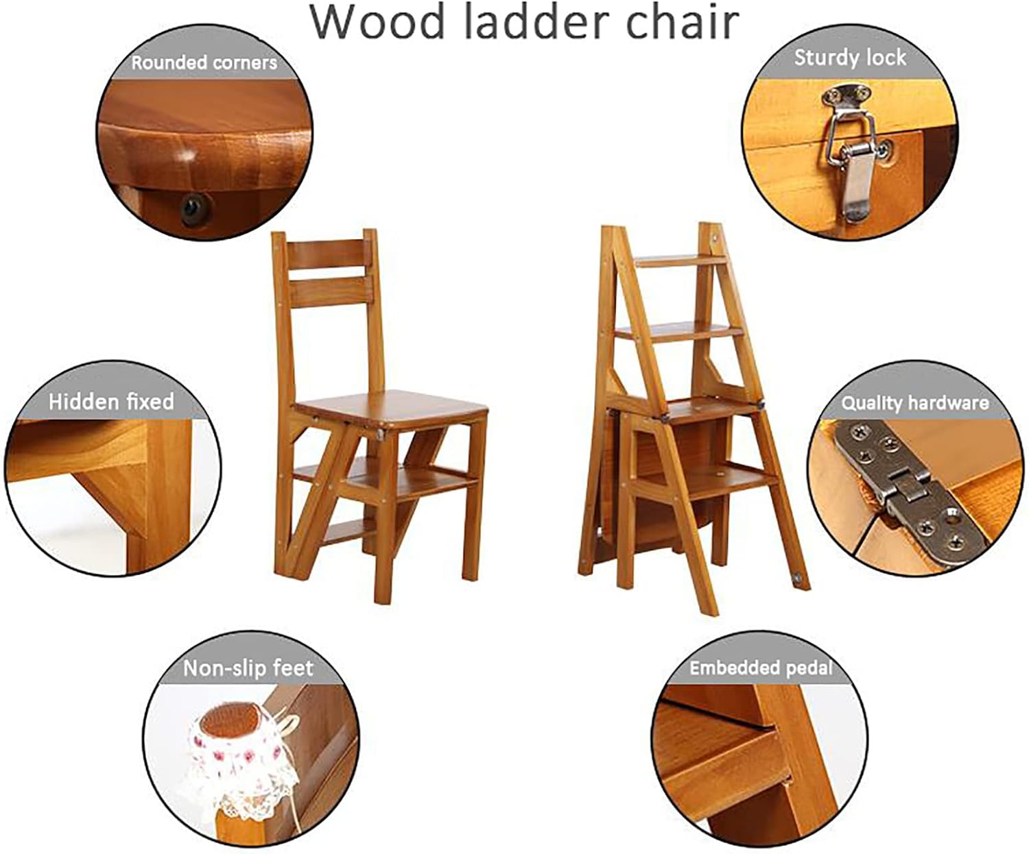 Silla plegable de madera maciza, escalera de biblioteca portátil de 4 escalones, silla plegable convertible para adultos, oficina, hogar, cocina al