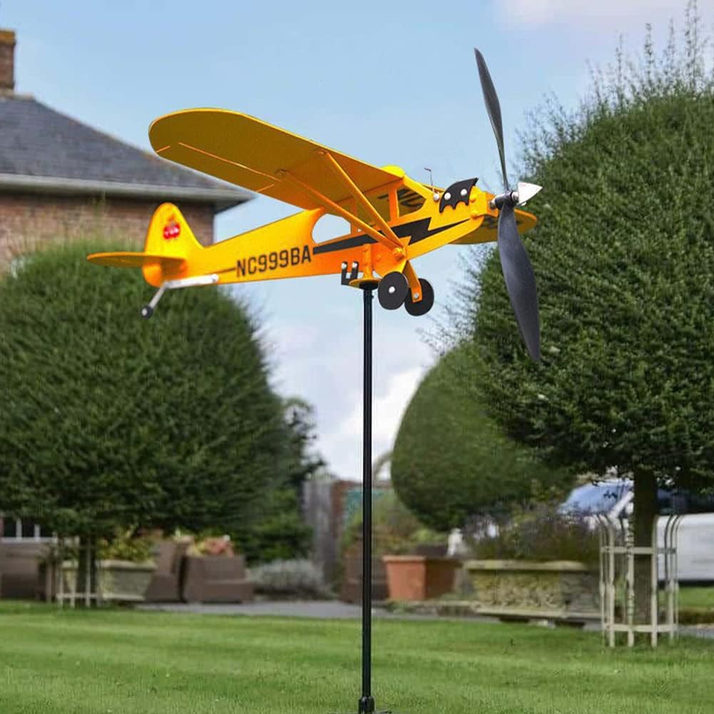 Veleta de avión Piper J3 Cub hecha a mano para patio, avión, molino de viento de metal, escultura al aire libre, modelo de avión (grande)