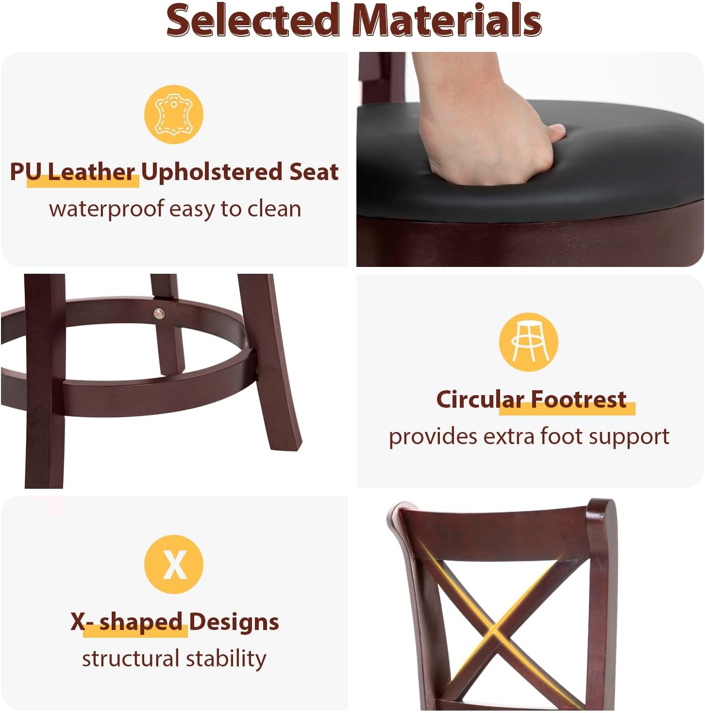 Taburetes de bar de altura de mostrador, taburetes de bar para isla de cocina, taburetes de mostrador de cuero sintético con respaldo bajo de madera