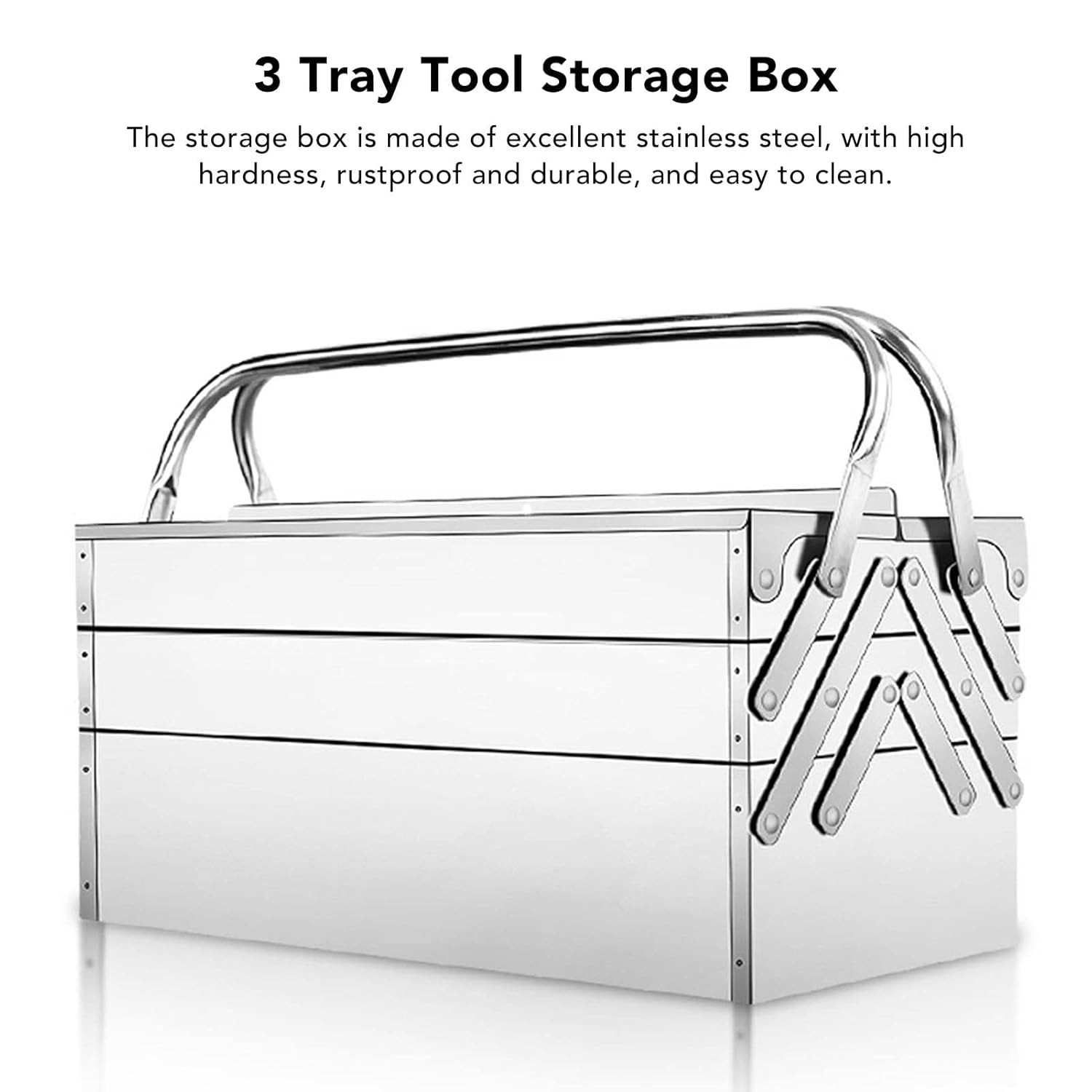 Caja de herramientas de acero inoxidable, caja de herramientas de metal, 2 capas y 3 bandejas, organizador de herramientas multifunción,