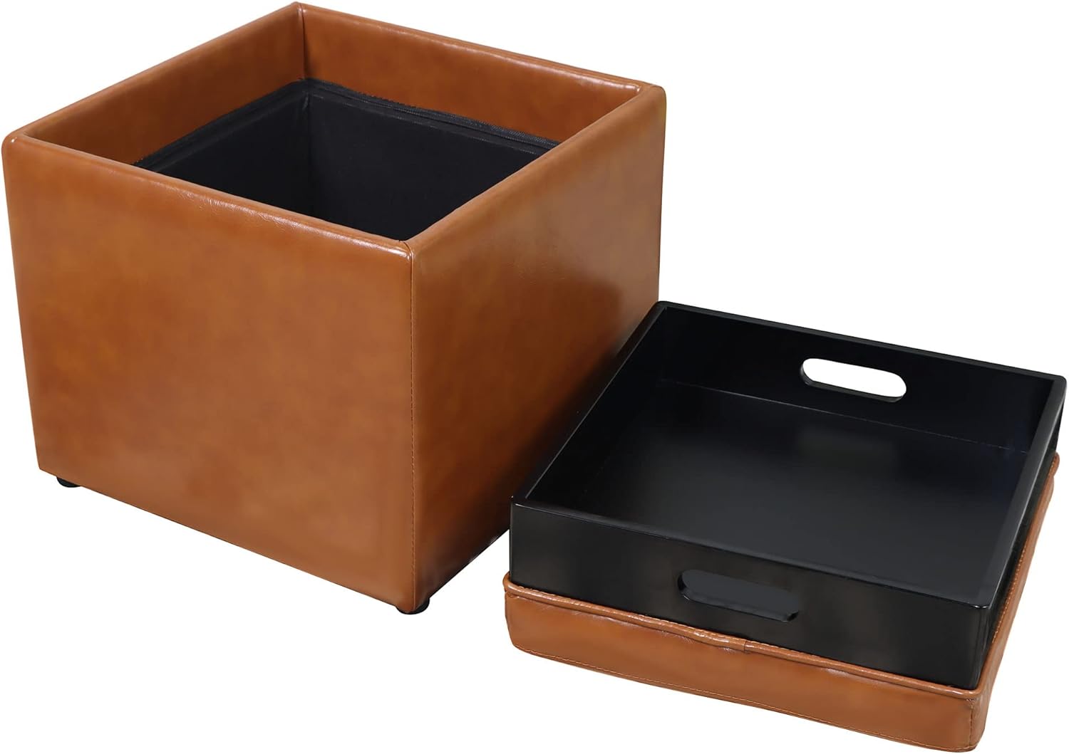 Otomana cuadrada de almacenamiento con bandeja de piel sintética tapizada reposapiés taburete silla asiento como mesa auxiliar lateral para sala de