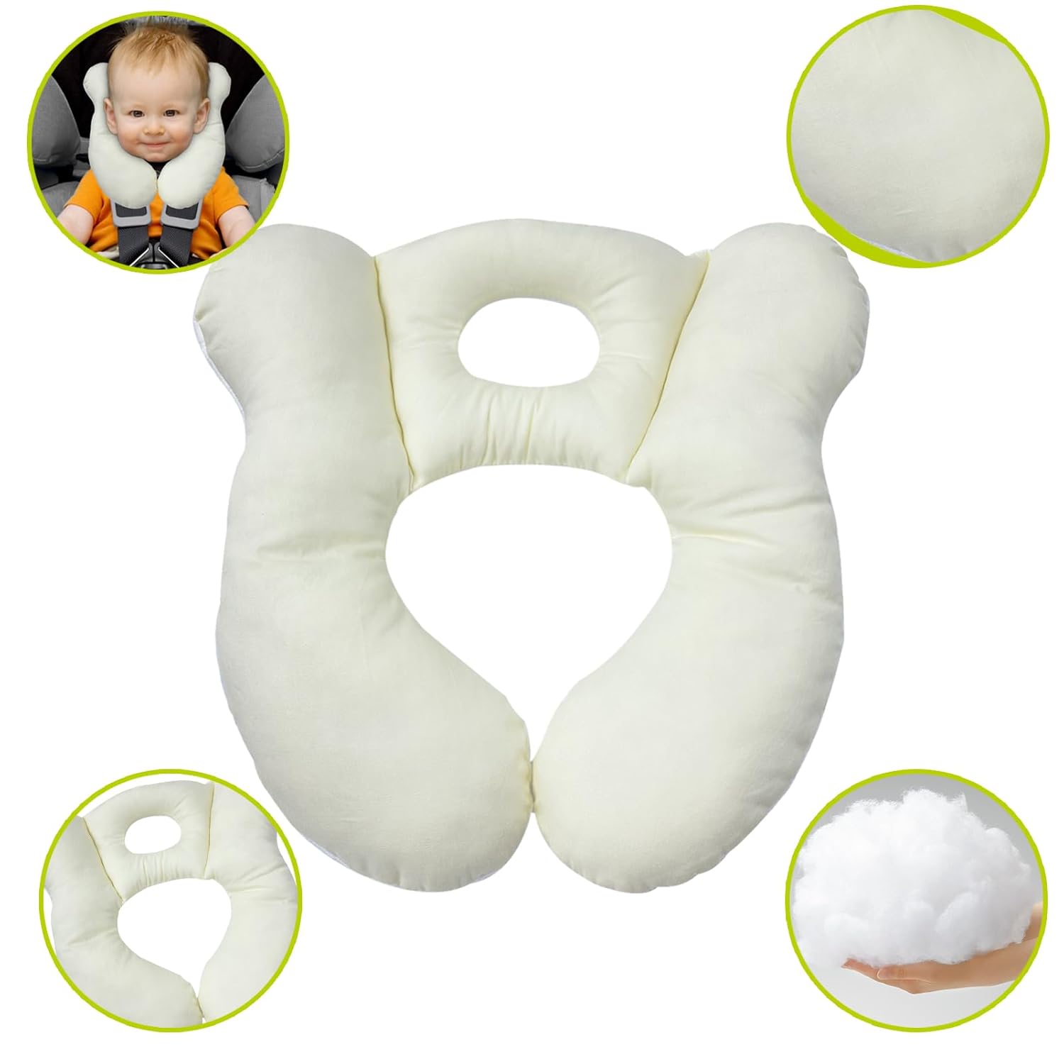 Almohada de viaje para bebé, cojín de apoyo para cabeza y cuello infantil para asiento de automóvil, cochecito y cochecito (beige)