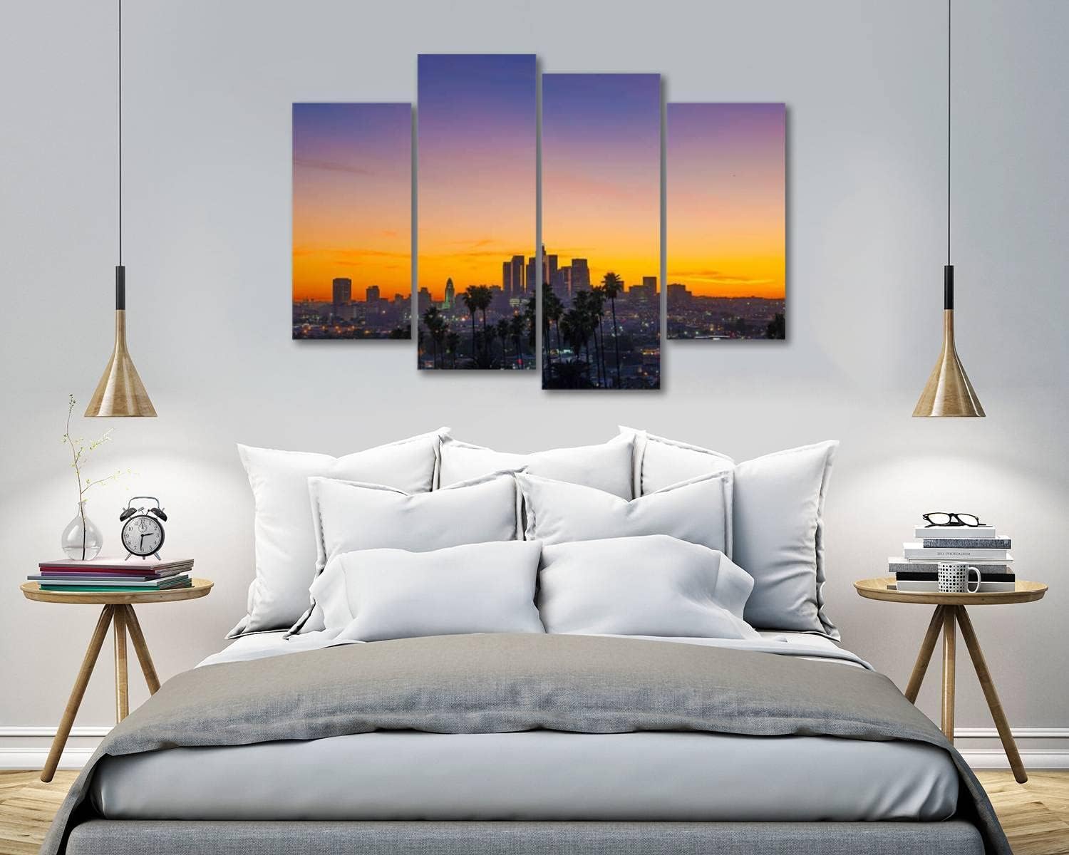 Lienzo de 4 paneles para pared, diseño de Los Ángeles, horizonte, palmeras, gran angular, póster de pintura estirado y enmarcado, decoración de