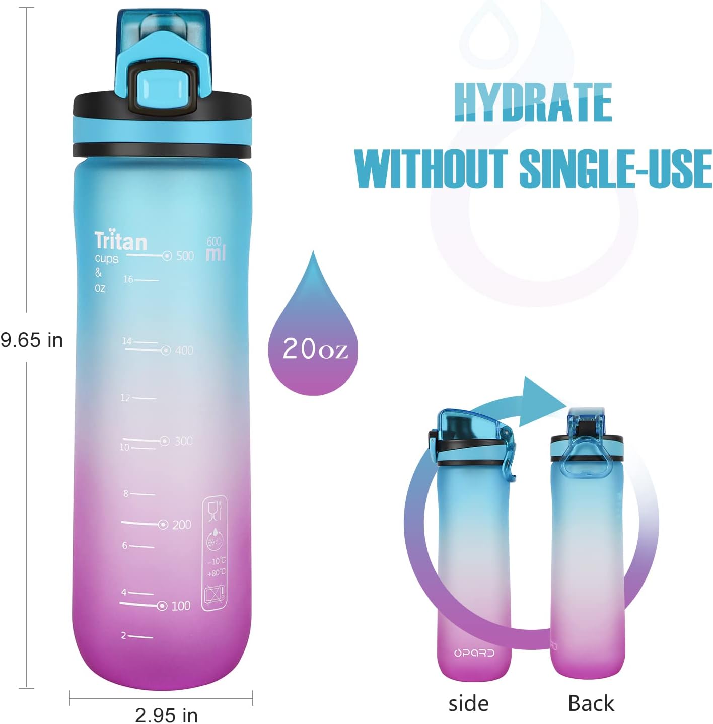 Opard – Botellas deportivas para agua, de 20onzas, sin bisfenol A (BPA), a prueba de fugas, de plástico tritán con tapa abatible
