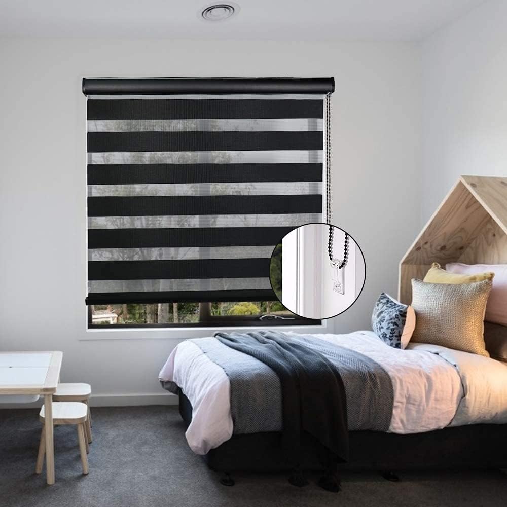 LUCKUP Zebra – Persianas enrollables dobles con cubierta de cenefa, cortinas para día y noche (40 pulgadas de ancho x 72 pulgadas de alto, negro)