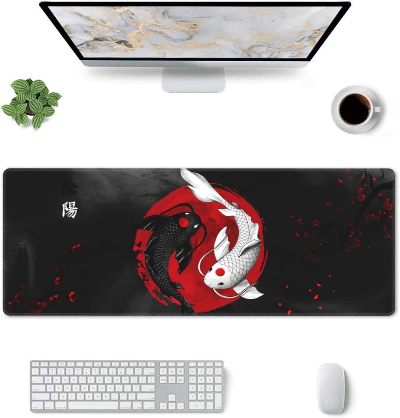 Alfombrilla de mouse japonesa con diseño de pez de carpa Yin y Yang Koi, color negro y rojo, XL extendida, base de goma antideslizante, borde