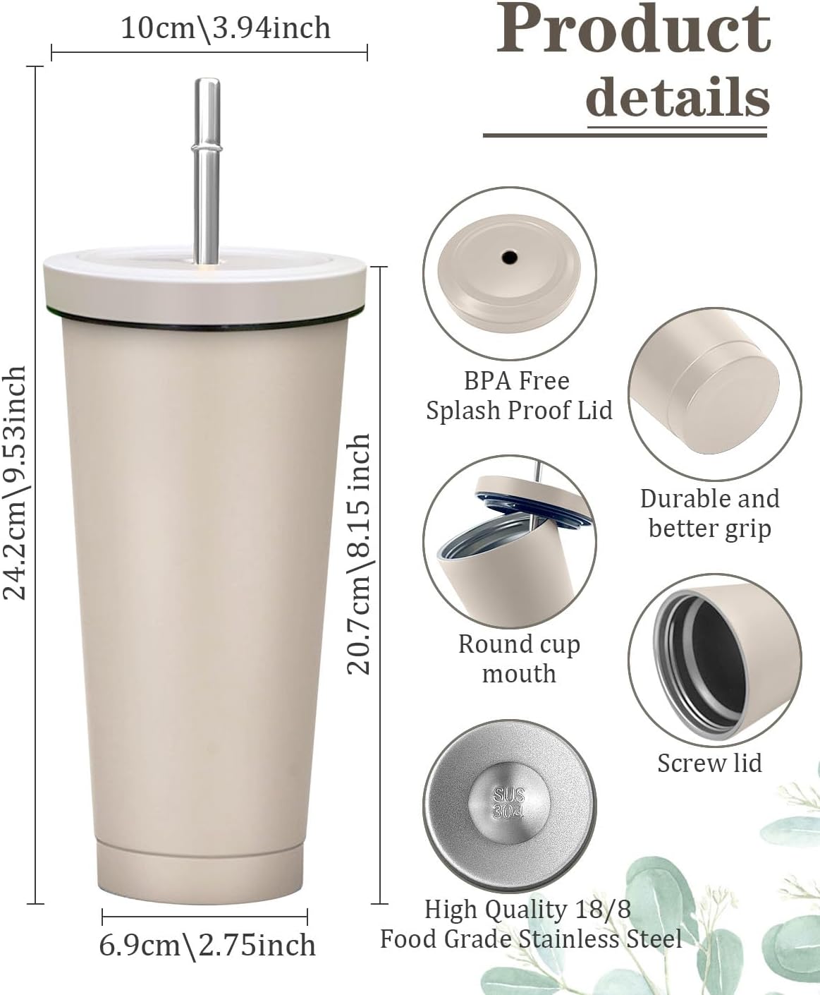 Vaso aislado con tapa y pajilla, taza fría, taza de acero inoxidable de 25 onzas con aislamiento al vacío, taza de café de doble pared, sin BPA,