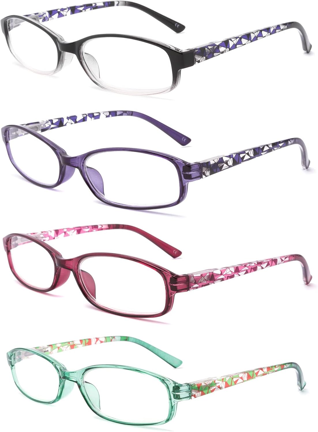 IVNUOYI Paquete de 4 lentes de lectura con bloqueo de luz azul, lectores de bisagra de resorte para mujer con patrón impreso, anteojos UV