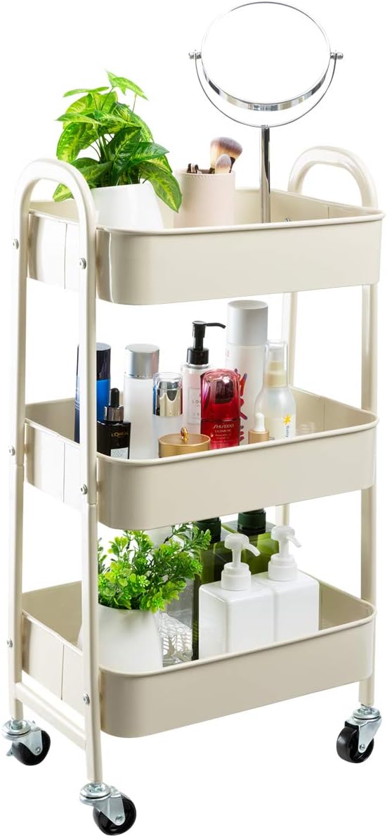 AGTEK Carrito de maquillaje, Carrito organizador móvil rodante,Carrito utilitario de metal de 3 niveles, Beige