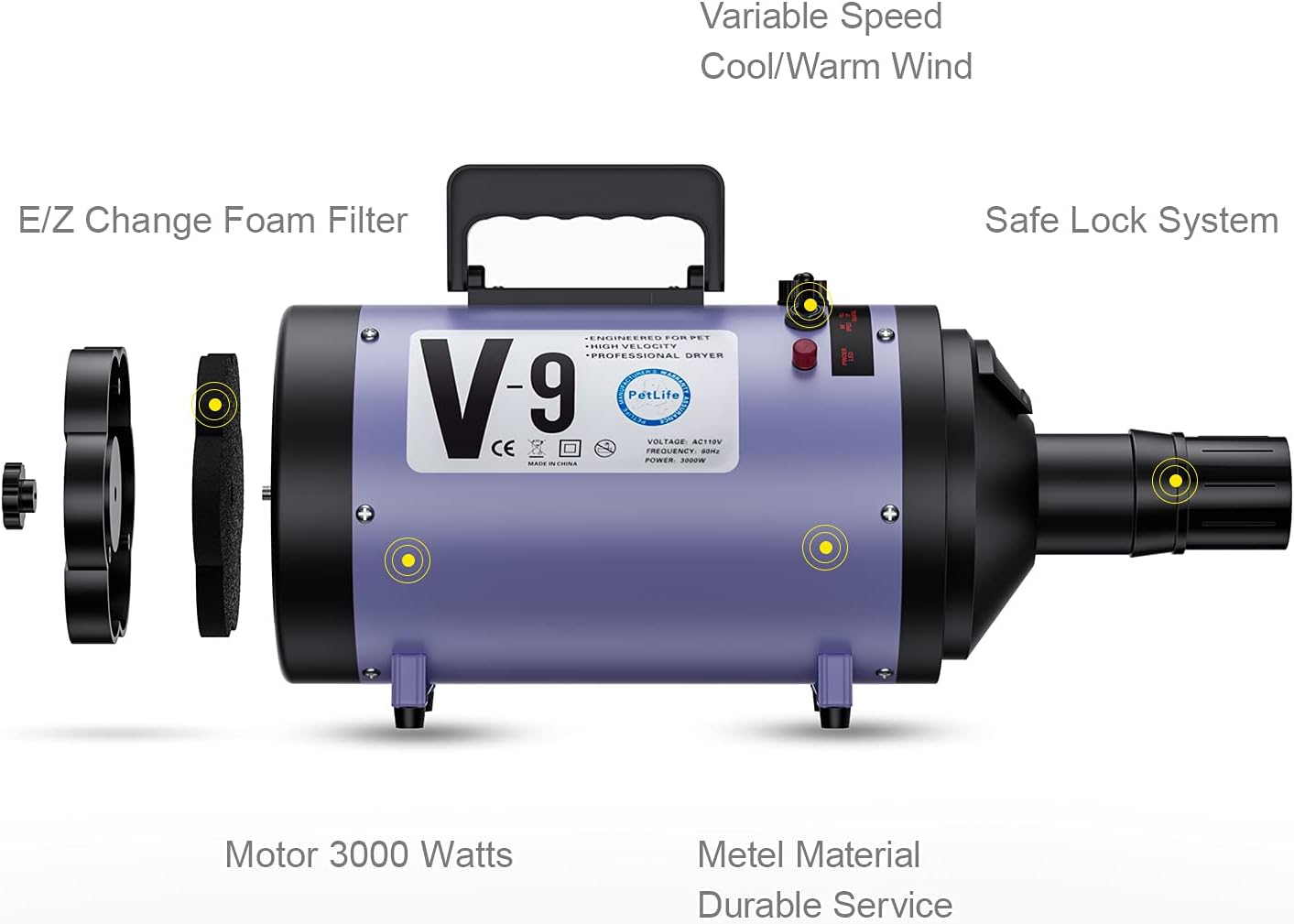 Secador profesional de 4.3 HP, soplador de pelo de perro ajustable de velocidad variable, secadora de aseo para perros con calentador de bajo ruido