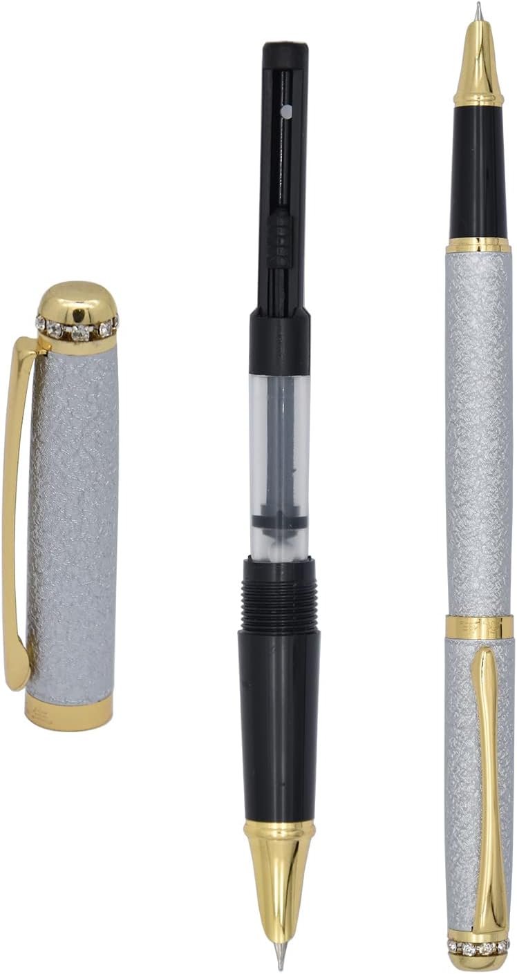 Gullor Pluma estilográfica, cuerpo esmerilado con borde dorado, recargable, incluye convertidor de tinta, punta extrafina (0.015 in), blanco