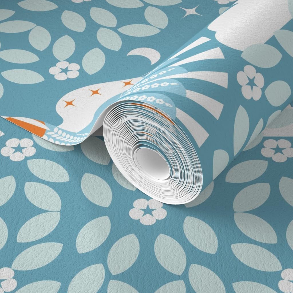 Spoonflower Commercial Grade Wallpaper Swatch – Blue Sky Folk Art Orange Aqua Maximalist Magic Lucid Dreaming Scandi Scandinavian Mystical Large