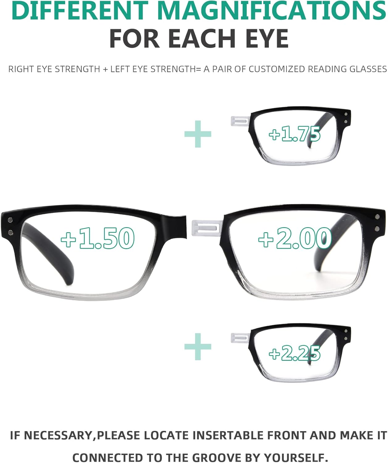 (Debe comprar ambos ojos) Negro Claro Ojo Derecho+1.25 Gafas de lectura con diferente fuerza para cada ojo
