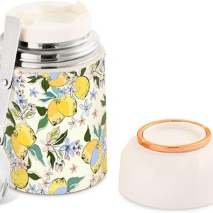 MCHIVER Coloridos limones flores tarro de comida con cuchara de acero inoxidable aislado al vacío contenedor de alimentos 17 oz termo de alimentos MCHIVER Coloridos limones flores tarro de comida con cuchara de acero inoxidable aislado al vacío contenedor de alimentos 17 oz termo de alimentos
