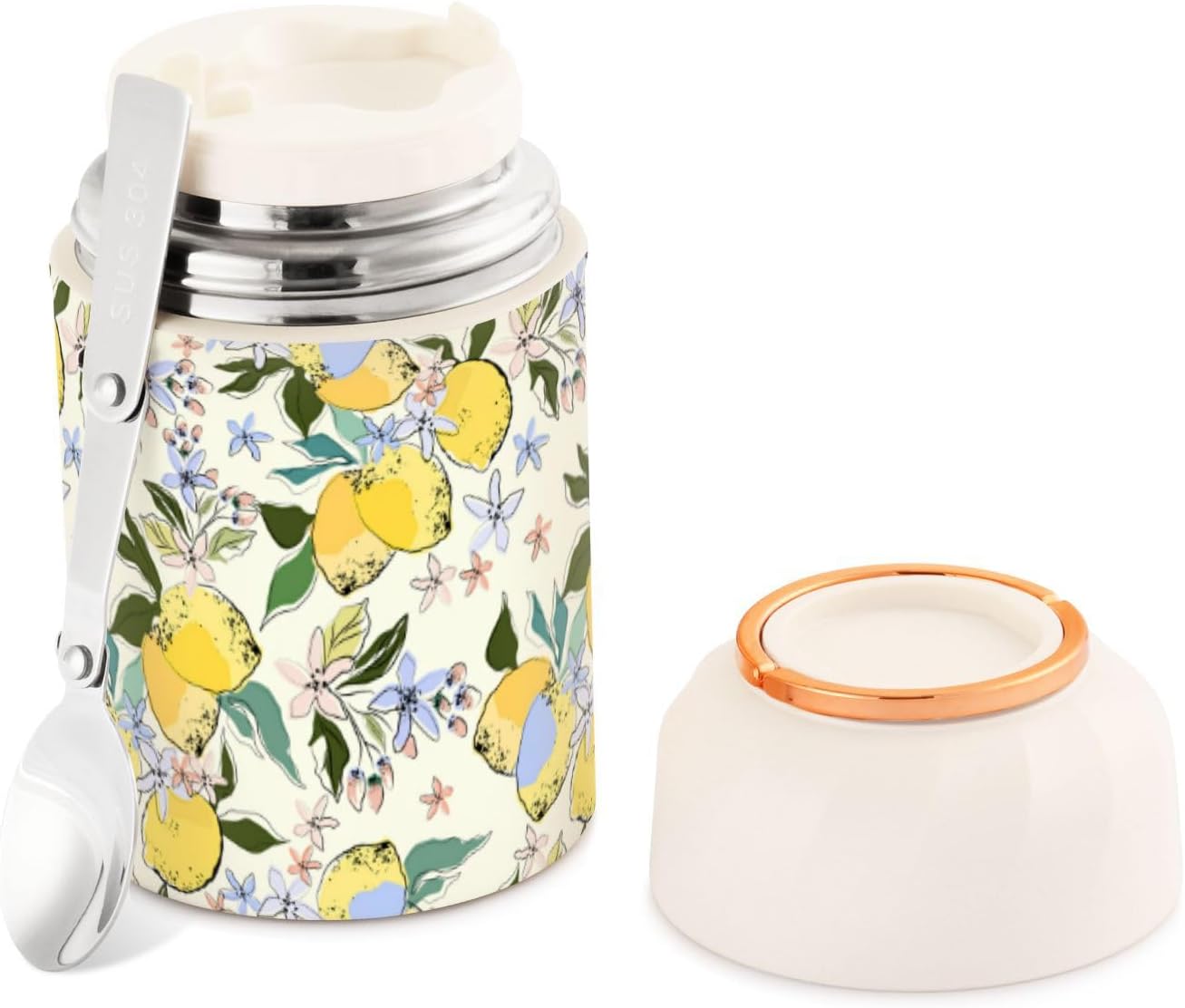 MCHIVER Coloridos limones flores tarro de comida con cuchara de acero inoxidable aislado al vacío contenedor de alimentos 17 oz termo de alimentos
