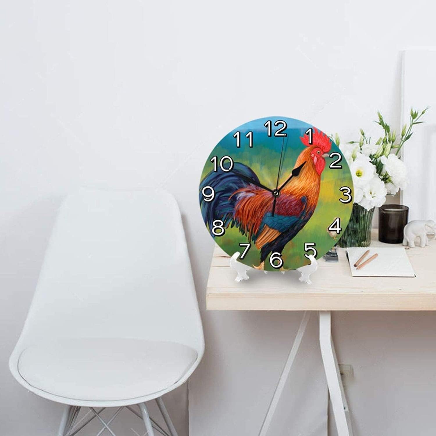 Reloj de pared rústico de gallina con pilas, reloj redondo silencioso para decoración de pared para el hogar, oficina, escuela, 12 pulgadas