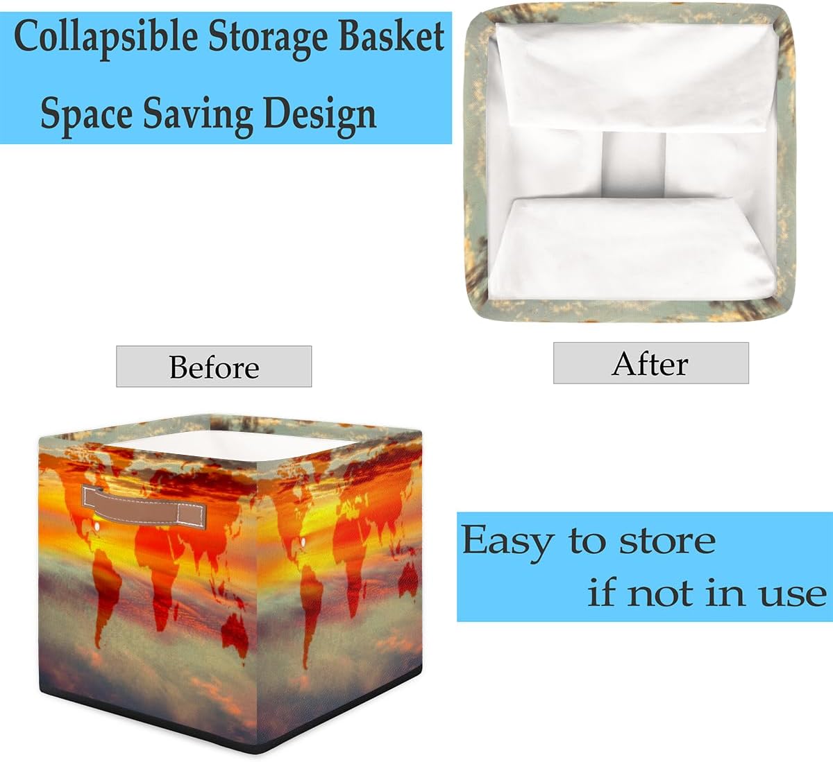Cesta de almacenamiento de mapa de puesta de sol, caja de almacenamiento plegable de tela de 13 x 13 x 13 pulgadas, cubos cuadrados con asas para