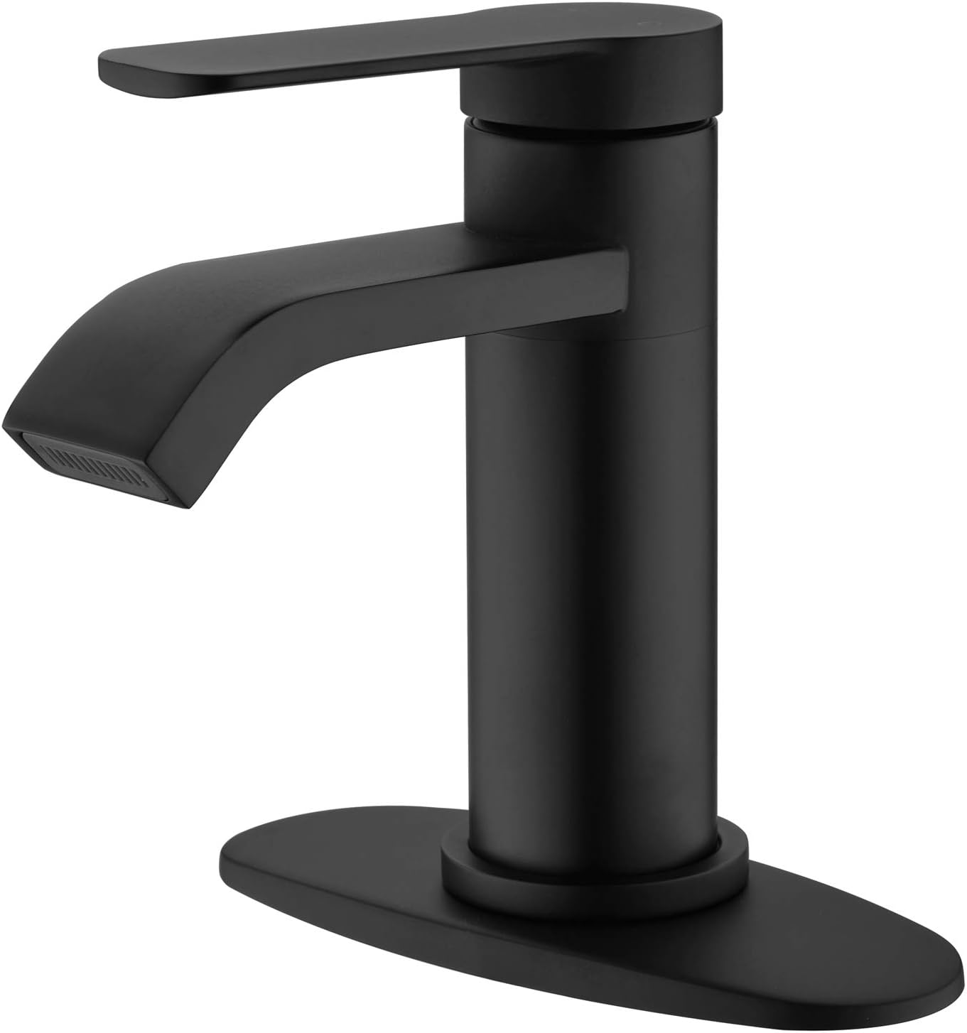 Grifo de baño negro mate de un solo orificio con placa de cubierta, grifo de baño en cascada de una sola manija, moderno grifo de lavabo de baño con