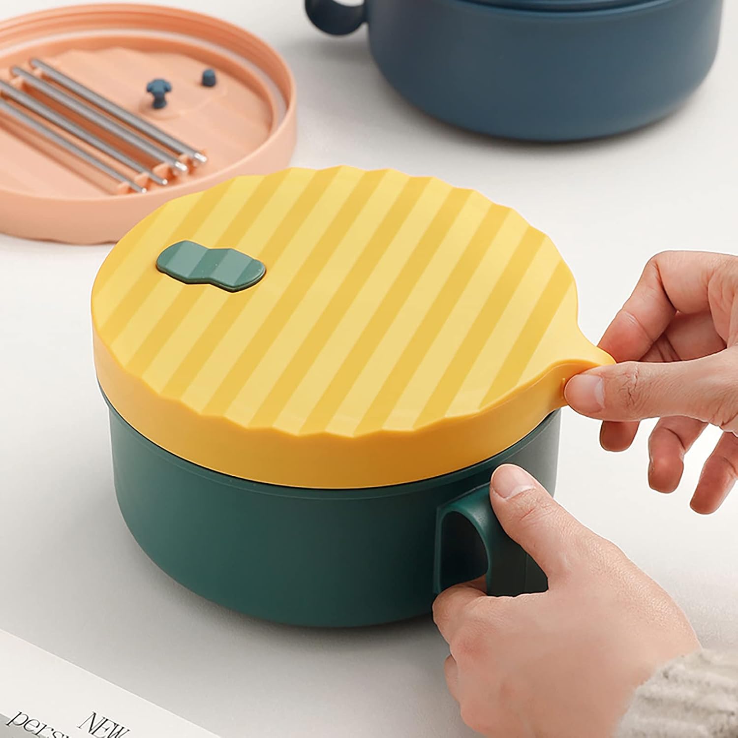 Tazón de ramen para microondas con asas, cuencos para fideos con tapa y palillos, apto para lavavajillas, para hogar, oficina, universidad,