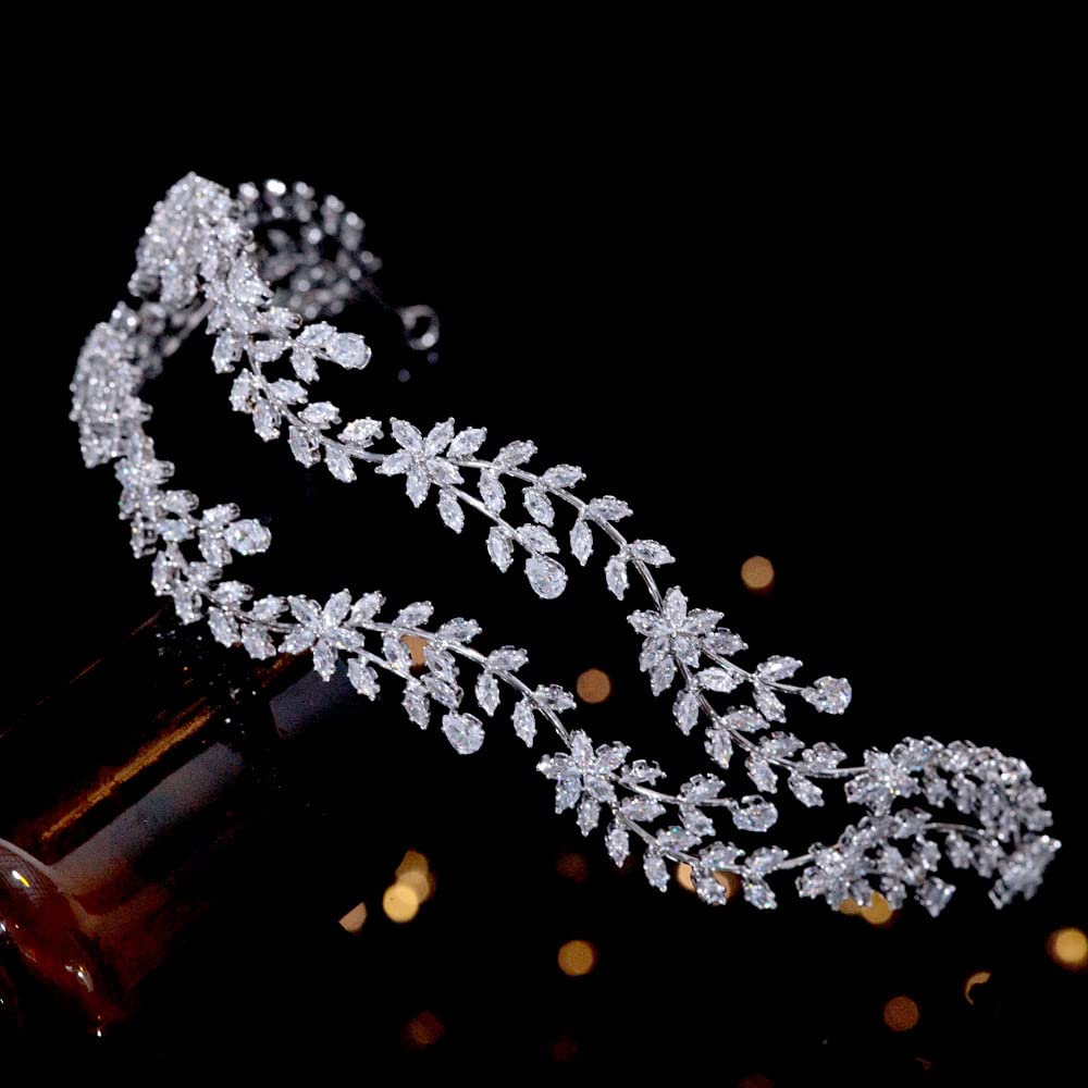 Jorsnovs Tocado de boda para novia hecho a mano con circonita cúbica transparente, accesorios para el cabello para mujer