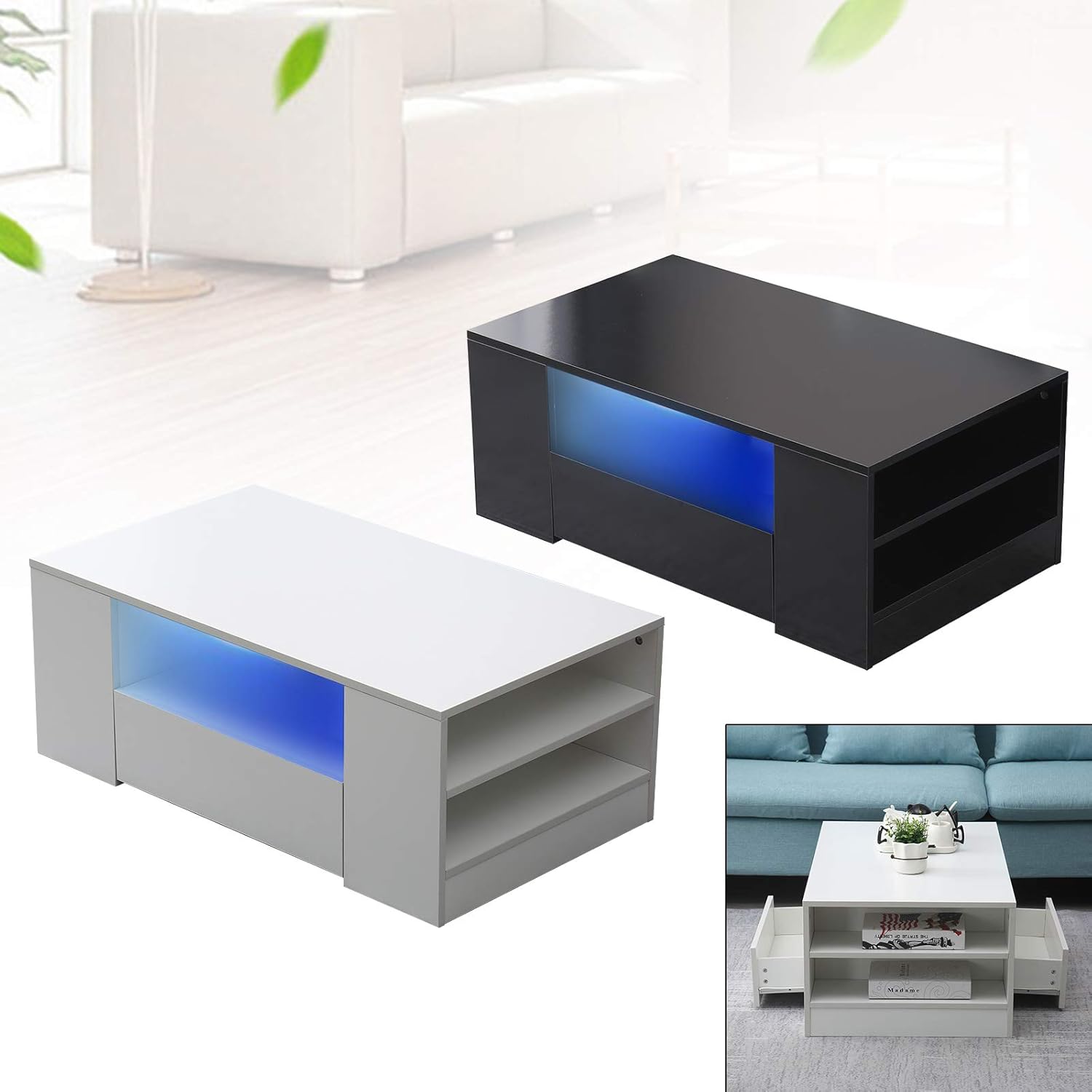 Fichiouy Moderna mesa auxiliar de 37 pulgadas con cajón, mesa rectangular con luz LED para sala de estar, blanconegro (mesa auxiliar negra de alto