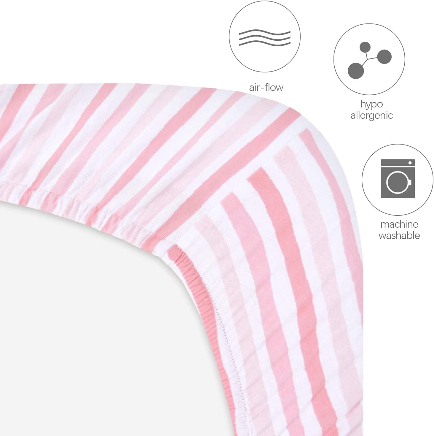 Sábanas ajustadas de cuna, compatibles con Dream On Me Karley, 2 unidades, 100% algodón de punto jersey, rayas rosas y corazones, estampados para